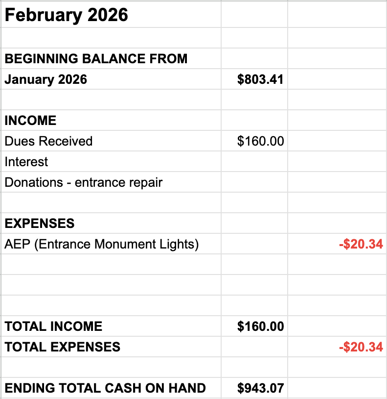 Beginning balance from January $803.41 plus income $160 dues received, minus expense AEP entance monumnent lights -$20.34, ending total $943.07.